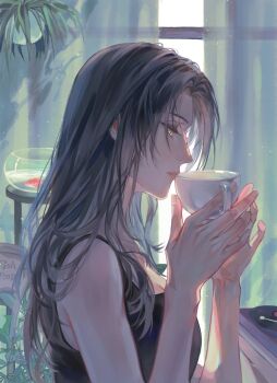 1girl angell_(path_to_nowhere) bare_arms bare_shoulders black_hair black_tank_top breasts chinese_commentary coffee_mug commentary cup curtains dong_feng_feng drinking fish fishbowl from_side goldfish hanging_plant highres holding holding_cup indoors long_hair looking_down mug parted_lips path_to_nowhere phonograph profile solo table tank_top upper_body vinyl_record window yellow_eyes