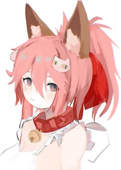 Rule 34 | 1girl, :3, absurdres, animal ear fluff, animal ears, apron, bell, blush, breasts, cleavage, collar, commentary, english commentary, fate/grand order, fate (series), fox ears, fox girl, hair ornament, highres, long hair, medium breasts, naked apron, neck bell, pink eyes, pink hair, ponytail, red collar, simple background, skashi, solo, tamamo cat (fate), white apron, white background