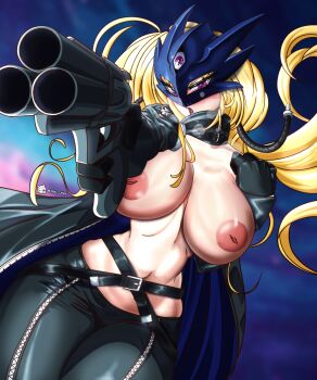 1girl absurdres beelstarmon belt black_belt black_coat black_gloves black_pants blonde_hair blue_mask breasts coat collarbone commentary cowboy_shot digimon digimon_(creature) english_commentary eye_mask floating_hair gloves gun highres holding holding_gun holding_weapon inverted_nipples large_breasts leather leather_pants lipstick long_hair looking_at_viewer makeup mask multiple-barrel_gun navel open_clothes open_coat pants parted_lips purple_eyes purple_lips sidelocks skull_print solo standing steam stomach third_eye tight_clothes tight_pants twitter_username very_long_hair weapon yaki_chun zipper