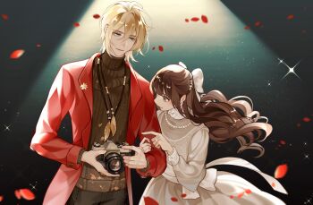 Rule 34 | 1boy, 1girl, alkaid mcgrath, alkaid mcgrath (corridor of fate), aqua background, black pants, black sweater, blonde hair, blunt bangs, bow, brown eyes, brown hair, camera, chinese commentary, closed mouth, coat, commentary request, cowboy shot, dress, falling petals, feather necklace, glint, green eyes, hair between eyes, hair bow, height difference, heroine (lovebrush chronicles), highres, holding, holding camera, jewelry, lapel pin, lapels, light particles, locked arms, long hair, long sleeves, looking at another, looking at object, lovebrush chronicles, medium hair, necklace, notched lapels, open clothes, open coat, pants, parted lips, pearl hair ornament, pearl necklace, petals, pointing, red coat, red lips, ring, rose petals, sleeve bow, smile, spotlight, standing, star (symbol), sweater, turtleneck, turtleneck dress, turtleneck sweater, waist bow, wangulongdong, wavy hair, wedding ring, white bow, white dress