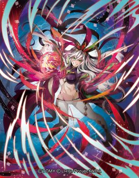 1girl carnival_(wixoss) clenched_teeth commentary_request copyright_notice energy_ball facepaint gloves grey_hair hair_between_eyes hair_ornament jester long_hair midriff moreshan multicolored_hair navel official_art pantyhose pink_hair solo teeth white_gloves white_pantyhose wixoss