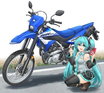 1girl absurdres aqua_eyes aqua_hair aqua_nails aqua_trim bare_shoulders black_skirt black_thighhighs blush boots breasts brown_boots cellphone collared_shirt commentary_request detached_sleeves hair_between_eyes hair_ornament hatsune_miku headset highres holding holding_phone long_hair long_sleeves looking_at_viewer medium_breasts mikeran_(mikelan) miniskirt motor_vehicle motorcycle number_tattoo open_mouth phone pleated_skirt shirt skirt sleeveless sleeveless_shirt smartphone smile solo squatting tattoo thighhighs tie_clip twintails v very_long_hair vocaloid wide_sleeves yamaha
