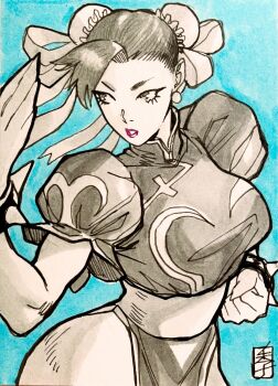 1girl acecore2k blue_background bracelet capcom china_dress chinese_clothes chun-li commentary double_bun dress english_commentary fighting_stance greyscale_with_colored_background hair_bun highres jewelry parted_lips puffy_short_sleeves puffy_sleeves short_hair short_sleeves signature solo spiked_bracelet spikes street_fighter