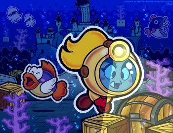 2girls animal ascot barrel blonde_hair blooper_(mario) bubble castle cheep_cheep closed_eyes coral crate diving_helmet fang fish goomba goombella goomdiver helmet highres long_hair mario_(series) mast3r-rainb0w multiple_girls nibbles_(mario) nintendo open_mouth paper_mario paper_mario:_the_thousand-year_door paper_mario_64 ponytail red_ascot smile squid sushie swimming treasure underwater water