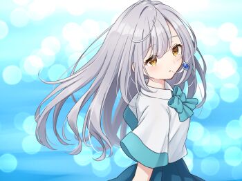 1girl blue_background blue_bow blue_bowtie blue_skirt blurry bokeh bow bowtie collared_shirt commentary commentary_request depth_of_field earrings english_commentary grey_hair hanazora_satsuki highres irozuku_sekai_no_ashita_kara jewelry looking_at_viewer mixed-language_commentary parted_lips pleated_skirt shirt short_sleeves single_earring skirt solo teardrop_earrings tsukishiro_hitomi white_shirt yellow_eyes