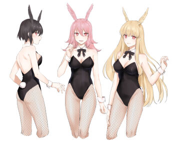 3girls black_hair black_leotard blonde_hair fate/grand_order fate_(series) head_wings hildr_(fate) leotard multiple_girls nanao_parakeet ortlinde_(fate) pink_eyes pink_hair playboy_bunny thrud_(fate) valkyrie_(fate) wings