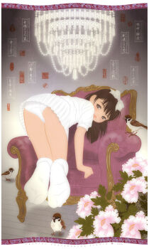 1girl 2020 20s all_fours animal ass bird black_eyes black_hair blush bow chair chandelier flower fractal_underground_studio from_behind grey_background hair_bow highres lace lace-trimmed_panties lace_trim loli long_hair looking_at_viewer looking_back original panties peony_(flower) pink_flower shirt short_sleeves skirt smile socks sparrow underwear white_bow white_panties white_shirt white_skirt white_socks white_theme