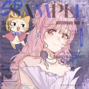 1girl absurdres ahoge alternate_costume animal bare_shoulders bead_choker beads black_background black_eyes black_flower blunt_bangs bow bowtie brooch brown_eyes cat chinese_commentary choker cloak closed_mouth clothed_animal collarbone commentary_request commission diamond_brooch dress ear_covers earrings elbow_gloves eyelashes flower flower_earrings gloves hair_bun highres hood hood_up hooded_cloak jewelry kanli light_blush light_particles lipstick long_hair looking_at_another looking_at_viewer makeup momo_(nikki) navel neck_flower nikki_(nikki) nikki_(series) open_mouth pink_hair pink_lips purple_bow purple_bowtie purple_dress red_cloak sample_watermark single_hair_bun smile sparkle strapless strapless_dress too_many_watermarks upper_body very_long_hair watermark wavy_hair whiskers white_cat white_choker white_flower white_gloves yellow_hood