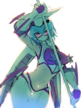 1girl absurdres aircraft airplane airplane_hair_ornament airplane_ornament arm_up blue_hair breasts crop_top curvy digimon digimon_(creature) digimon_frontier gloves highres holding holding_staff jet jetsilphymon koutei_teki large_breasts looking_at_viewer mask mechanical_wings midriff mouth_mask navel pants pinwheel purple_eyes short_hair solo staff tank_top thrusters white_background white_gloves white_mask white_pants white_tank_top wings