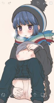 1girl beanie blue_hair blush breasts camera camera_view clothes_lift clothes_pull female_masturbation fingering flat_chest hat highres lifting_own_clothes marrontorisu masturbation nipples pants pants_pull presenting purple_eyes pussy scarf shima_rin shirt_lift small_breasts solo sweat yurucamp