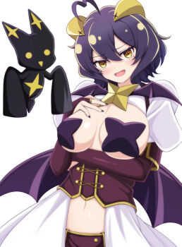 Rule 34 | 1girl, ahoge, alternate breast size (larger), blush, breasts, bridal gauntlets, corset, creature, cross-shaped pupils, double-parted bangs, fang, forward-facing horns, hair between eyes, hand on own chest, heart ahoge duo, highres, hiiragi utena, horns, large breasts, looking at viewer, magia baiser, mahou shoujo ni akogarete, midriff, namako muri, navel, open mouth, pasties, purple bridal gauntlets, purple corset, purple hair, revealing clothes, short hair, short sleeves, shrug (clothing), simple background, smile, solo focus, symbol-shaped pupils, upper body, venalita, white background, white shrug, wings, yellow eyes