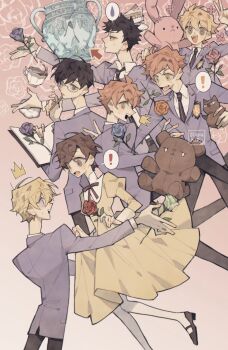 ! 1girl 6+boys arrow_(symbol) artist_name black_hair black_necktie black_pants black_shoes blonde_hair blue_flower blue_jacket blue_rose blush book broken_vase brothers brown_eyes brown_hair cake cake_slice collared_dress collared_shirt dress flower food fujioka_haruhi furrowed_brow glasses green_flower green_rose hair_between_eyes haninozuka_mitsukuni highres hitachiin_hikaru hitachiin_kaoru holding holding_book holding_flower holding_pencil holding_stuffed_toy jacket juliet_sleeves long_sleeves mary_janes morinozuka_takashi multiple_boys neck_ribbon necktie ootori_kyouya open_mouth orange_flower orange_rose otakupup ouran_high_school_host_club ouran_high_school_uniform outstretched_arms pants pantyhose parted_bangs pencil pink_flower pink_rose puffy_sleeves purple_flower purple_rose red_flower red_hair red_rose ribbon rose school_uniform shirt shoes short_hair siblings smile spoken_exclamation_mark spoken_sweatdrop stuffed_animal stuffed_rabbit stuffed_toy suit_jacket suou_tamaki sweatdrop teddy_bear twins vase white_pantyhose white_shirt wide-eyed yellow_dress