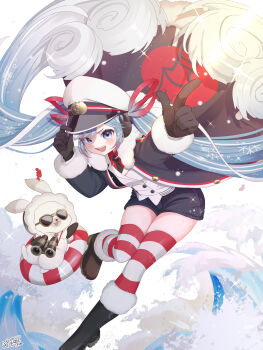 1girl 1other absurdres animal aqua_eyes aqua_hair arm_up binoculars black_coat black_gloves black_necktie black_shorts blush closed_mouth coat collared_shirt commentary_request fur-trimmed_coat fur-trimmed_sleeves fur_trim gloves gradient_hair hair_between_eyes hair_ornament hair_ribbon hat hatsune_miku highres holding holding_binoculars jacket long_hair long_sleeves looking_at_viewer multicolored_hair natsu-984522 necktie official_alternate_costume official_alternate_hairstyle open_mouth peaked_cap rabbit rabbit_yukine red_ribbon red_shirt ribbon sailor_hat shirt short_shorts shorts solo striped_clothes striped_thighhighs sunglasses thighhighs twintails very_long_hair vocaloid white_hair white_jacket yuki_miku yuki_miku_(2022) zettai_ryouiki