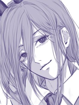 1girl chainsaw_man collared_shirt cross-shaped_pupils hair_between_eyes head_tilt highres horns jiuwen_siming long_hair looking_at_viewer monochrome necktie portrait power_(chainsaw_man) shirt simple_background smile solo symbol-shaped_pupils