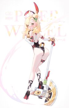 1girl absurdres alternate_costume animal_ears ass axe black_leotard black_shoes blonde_hair blush bridal_gauntlets character_name earrings elbow_gloves fake_animal_ears from_behind full_body glove_in_mouth gloves green_eyes hair_bun high_heels highleg highleg_leotard highres holding holding_axe jewelry leaning_forward leotard loli long_hair looking_at_viewer looking_back mouth_hold ohoo_7am one_glove piper_wheel playboy_bunny rabbit_ears shoes short_eyebrows simple_background solo spiked_thighlet sweatdrop temporal_hairline thigh_strap thighs unworn_gloves white_background yellow_gloves zenless_zone_zero