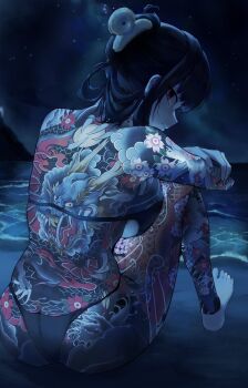 1girl ass beach bikini black_bikini black_hair breasts commentary_request commission d_(killer_wife)_(nikke) d_(nikke) goddess_of_victory:_nikke hair_ornament hairclip highres irezumi long_hair looking_back night omeletricetaro3 on_floor red_eyes staring swimsuit tattoo underboob