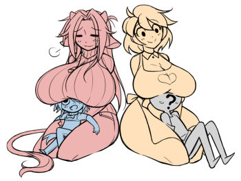 2boys 2girls :3 ? age_difference ahoge animal_ears anon apron blush breast_rest breasts breasts_on_head closed_eyes cow_ears cow_girl cow_horns cow_tail gigantic_breasts graph_(graphiteknight) horns huge_breasts mama-chan_(inkerton-kun) matt_(ego_trigger) mattie_(ego_trigger) multiple_boys multiple_girls open_mouth original shota size_difference smile tail thick_thighs thighs white_background wide_hips