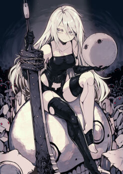 Rule 34 | 1girl, a2 (nier:automata), android, black thighhighs, long hair, nier:automata, nier (series), parororo, sitting, sword, thighhighs, very long hair, weapon, white hair