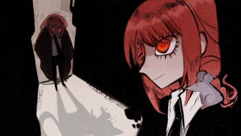 1girl black_coat black_necktie black_pants braid braided_ponytail chainsaw_man closed_mouth coat commentary english_commentary highres long_hair makima_(chainsaw_man) mouse_(animal) mouse_on_shoulder multiple_views necktie nuwi_(furinuwi) pants red_eyes red_hair ringed_eyes shadow