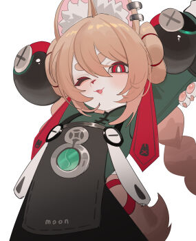 1girl absurdres animal_ear_fluff animal_ears arms_behind_head artist_request braid bright_pupils dress ear_piercing furry furry_female highres long_sleeves looking_at_viewer one_eye_closed open_mouth pawpads piercing pink_hair rabbit_ears rabbit_girl short_dress smile solo stretching tail thick_eyebrows twin_braids white_background white_fur white_pupils zenless_zone_zero zhao_(zenless_zone_zero)