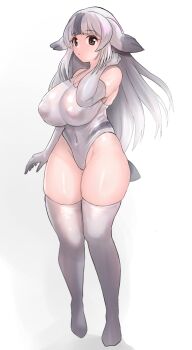 1girl :/ animal_ears arm_at_side bare_shoulders bearded_seal_(kemono_friends) breasts brown_eyes closed_mouth covered_erect_nipples covered_navel elbow_gloves floating_hair full_body gloves grey_hair groin hand_up highleg highleg_one-piece_swimsuit huge_breasts kemono_friends long_hair looking_at_viewer looking_to_the_side multicolored_hair no_shoes one-piece_swimsuit puffy_areolae ras_(ras33635191) simple_background skindentation solo swimsuit thick_thighs thighhighs thighs white_background white_gloves white_hair white_one-piece_swimsuit white_thighhighs wide_hips