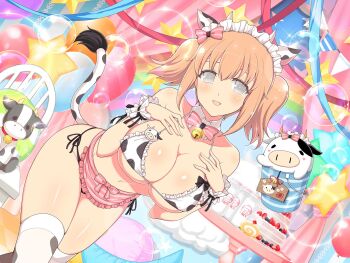 1girl animal_print apron balloon bikini bow breasts cake chair cow cow_print cow_print_bikini cow_print_thighhighs curtains dessert detached_collar food grey_eyes highres maid_headdress marvelous milk official_art on_chair orange_hair print_bikini print_thighhighs senran_kagura smile striped_apron striped_clothes stuffed_animal stuffed_toy swimsuit tail thighhighs ushimaru_(senran_kagura) ushiwakamaru_(senran_kagura) white_thighhighs yaegashi_nan