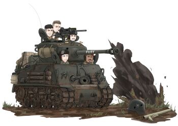 5boys bad_id bad_pixiv_id boyd_swan chibi commentary dakku_(ogitsune) dark-skinned_male dark_skin dirty don_collier explosion facial_hair fury_(movie) goatee goggles goggles_on_headwear grady_travis grimace helmet m4_sherman man-portable_anti-tank_systems military military_vehicle motor_vehicle mud multiple_boys mustache norman_ellison open_mouth panzerfaust recoilless_gun shell_casing sweatdrop tank trini_garcia white_background world_war_ii
