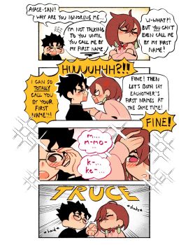 1boy 1girl 4koma :t adjusting_eyewear anger_vein averting_eyes ayase_momo black_hair black_jacket blush bow bowtie brown_eyes brown_hair claireiosity closed_mouth comic commentary crossed_arms crossed_bangs dandadan earrings embarrassed english_commentary english_text facing_another flying_sweatdrops gakuran glasses hair_between_eyes handshake highres jacket jewelry long_sleeves medium_hair open_mouth pink_sweater pointing pointing_at_another pout red_bow red_bowtie round_eyewear school_uniform short_hair sparkle speech_bubble sweater takakura_ken_(dandadan) upper_body