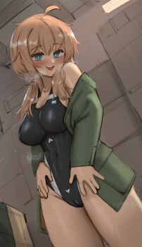1girl absurdres ahoge black_one-piece_swimsuit blonde_hair blue_eyes blush breasts cameltoe cleavage collarbone commentary competition_swimsuit covered_erect_nipples covered_navel green_eyes groin hair_between_eyes hands_on_own_thighs highres indoors jacket jacket_over_swimsuit large_breasts looking_at_viewer one-piece_swimsuit original smile solo steam swimsuit symbol-only_commentary thighs xerbatt
