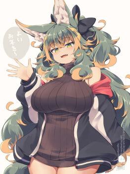 1girl animal_ears black_sweater breasts commentary_request green_eyes green_hair kuromiya kuromiya_raika_(kuromiya) large_breasts looking_at_viewer multicolored_hair open_mouth orange_hair original solo speech_bubble sweater translation_request two-tone_hair