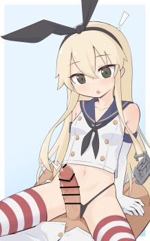 1boy 1girl absurdres bar_censor blonde_hair blue_sailor_collar blush bottomless breasts censored elbow_gloves erection gloves hair_ribbon hairband highres jacket kantai_collection keven_(ewdx3754) loli long_hair navel penis ribbon sailor_collar shimakaze_(kancolle) shirt sitting sitting_on_lap sitting_on_person sleeveless sleeveless_shirt small_breasts stomach striped_clothes surprised thighhighs thighs thong underwear