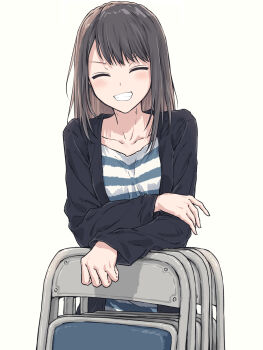 Rule 34 | 1girl, ^ ^, bang dream!, bang dream! girls band party!, black hair, black jacket, blue shirt, blush, closed eyes, collarbone, commentary, facing viewer, folded chair, grin, highres, jacket, long hair, long sleeves, open clothes, open jacket, shirt, simple background, smile, solo, striped clothes, striped shirt, tsukishima marina, upper body, v-shaped eyebrows, white background, yukitake (bullfalk)