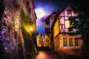 absurdres brick_wall building chinese_commentary commentary_request full_moon highres lantern moon night no_humans original outdoors path plant realistic road scenery sky star_(sky) starry_sky town tree vines zaq_(pgvc4472)