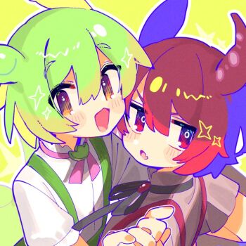2girls :d animal_ears ankomon aoi_tsuyu blush_stickers commentary_request double-parted_bangs edamame fang green_background green_hair grey_shirt hair_between_eyes looking_at_viewer multiple_girls neck_ribbon open_mouth outline pink_ribbon red_eyes red_hair ribbon shirt short_hair short_sleeves simple_background skin_fang smile star_(symbol) suspenders upper_body voicevox white_outline white_shirt yellow_eyes zundamon