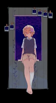 Rule 34 | 1boy, alternate eye color, barefoot, basil (faraway) (omori), basil (omori), blonde hair, brown shorts, chinese commentary, closed mouth, clothes pin, commentary request, feet, flower, green sweater vest, hair flower, hair ornament, highres, kneehighs, looking at viewer, male focus, omori, photo (object), psychokokuon, red eyes, revision, shirt, short hair, short sleeves, shorts, single sock, socks, solo, standing, string of photos, sweater vest, toes, white shirt, white socks