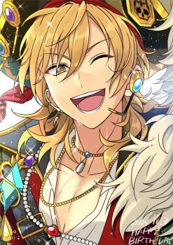 1boy bead_necklace beads blonde_hair brown_eyes commentary_request dated ear_piercing earrings ensemble_stars! hair_between_eyes hakaze_kaoru happy_birthday hat headset highres jewelry looking_at_viewer male_focus multiple_necklaces necklace official_alternate_costume one_eye_closed open_mouth piercing skull smile solo teeth tsukiumi_mitsuru_(326tsukiumi) velvet_ship_(ensemble_stars!) white_background
