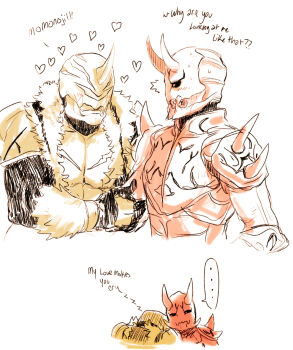 Rule 34 | ..., 2boys, armor, bear, blush, english text, fur vest, head on another's shoulder, heart, hearts around body, holding own arm, kamen rider, kamen rider den-o (series), kintaros, male focus, momotaros, monster, monster boy, multiple boys, nervous sweating, oni, red armor, sketch, sleeping, sweat, sweatdrop, yaoi, yellow armor, zzz