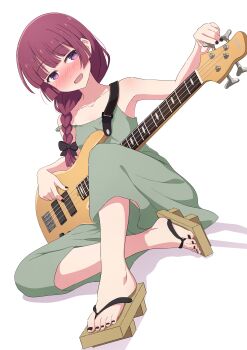 1girl :d absurdres black_nails blush bocchi_the_rock! braid commentary_request dress fingernails green_dress guitar_strap highres hiroi_kikuri instrument long_hair music na-suke open_mouth platform_sandals playing_instrument purple_hair sandals simple_background single_braid sleeveless sleeveless_dress smile solo toenails toes white_background