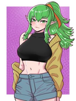 1girl alternate_costume blue_shorts border breasts casual closed_mouth commentary contemporary fire_emblem fire_emblem_awakening green_eyes green_hair hair_ornament highres large_breasts long_hair midriff mnejing30 navel nintendo off_shoulder pink_background pointy_ears ponytail shorts sidelocks simple_background smile solo stomach tiki_(adult)_(fire_emblem) tiki_(fire_emblem) white_border