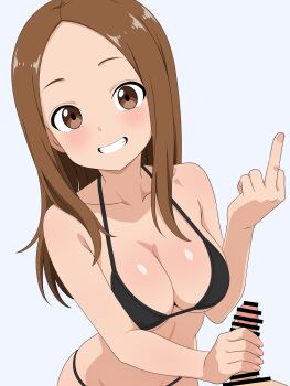 Rule 34 | 1boy, 1girl, absurdres, alternate breast size (larger), bar censor, bikini, black bikini, blush, breasts, brown eyes, brown hair, censored, collarbone, erection, forehead, grey background, handjob, hetero, highres, karakai jouzu no takagi-san, long hair, looking at viewer, medium breasts, middle finger, migikoba, parted bangs, penis, sidelocks, simple background, smile, swimsuit, takagi-san, upper body