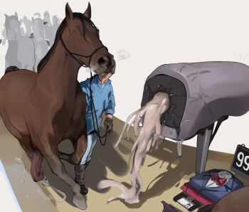 1boy aftersex animal animal_penis bestiality blue_jacket bow bowtie breeding_mount censored cum cum_overflow helmet highres horse horse_penis huge_penis id_card jacket komi-san_wa_komyushou_desu komi_shouko long_sleeves mamimi_(mamamimi) mosaic_censoring panties penis projectile_cum projectile_cumdrip queue school_uniform shirt simple_background underwear white_background