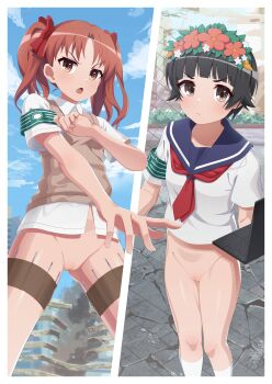 2girls absurdres arched_bangs armband atf1n bar_censor black_hair blue_sailor_collar border bottomless bow brown_eyes brown_hair brown_sweater_vest censored chain-link_fence closed_mouth commission commissioner_upload computer curtained_hair fence flower_wreath green_armband hair_bow head_wreath highres holding holding_laptop judgement_armband_(toaru) laptop long_hair looking_at_viewer multiple_girls neckerchief needle non-web_source open_mouth outdoors outside_border pussy red_bow red_neckerchief safety_pin sailor_collar sakugawa_school_uniform school_uniform shirai_kuroko shirt short_hair skeb_commission smoke striped_armband striped_clothes summer_uniform sweater_vest throwing_needles toaru_kagaku_no_railgun toaru_majutsu_no_index tokiwadai_school_uniform twintails uiharu_kazari white_border white_shirt