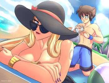 1boy 1girl android beach berkana_(mega_man) blonde_hair breasts brown_hair highres looking_over_glasses mega_man_(series) nail_polish sunglasses