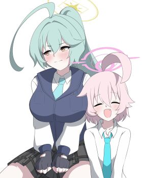 2girls annoyed black_skirt blue_archive blue_gloves blue_necktie blue_vest blush breast_pillow breasts closed_eyes collared_shirt comic embarrassed fang fingerless_gloves gloves green_hair gun hair_between_eyes halo height_difference highres hoshino_(blue_archive) large_breasts leaning_on_person long_hair multiple_girls necktie open_mouth pink_hair pink_halo school_uniform shirt short_hair shotgun size_difference skirt small_breasts smile su_gyoza taking_picture vest weapon white_background white_shirt yellow_eyes yellow_halo yume_(blue_archive)