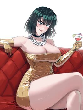 1girl absurdres argentumhominem blush breasts choker cleavage cocktail_glass couch crossed_legs cup dress drinking_glass elbow_gloves food fruit fubuki_(one-punch_man) gloves green_eyes green_hair highres holding_glass jewelry large_breasts necklace one-punch_man short_hair sitting smile solo strapless thighs yellow_dress
