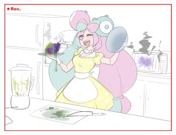 1girl alternate_costume apron archived_source blender_(object) blue_hair censored censored_food character_hair_ornament closed_eyes dress gloves hair_ornament iono_(pokemon) jewelry kitchen_knife knife light_blue_hair long_hair microwave multicolored_hair necklace nintendo open_mouth pearl_necklace pink_hair pokemon pokemon_sv puffy_short_sleeves puffy_sleeves recording refrigerator sealguy serving_dome sharp_teeth short_sleeves smile solo teeth two-tone_hair very_long_hair waist_apron white_gloves yellow_dress