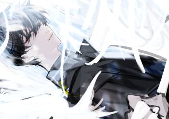 1boy bird black_coat black_eyes black_hair black_shirt coat commentary dove half-closed_eyes hayu_beck highres kim_dokja korean_commentary looking_at_viewer lying male_focus omniscient_reader&#039;s_viewpoint on_back open_clothes open_coat popped_collar shirt short_hair smile solo upper_body veil