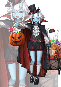>_< absurdres alternate_costume ascot bangboo_(zenless_zone_zero) black_cape black_hat black_jacket black_shoes black_shorts blue_horns blue_oni blue_skin bucket candy cape cart colored_skin commentary_request earrings fang food frilled_shorts frilled_socks frills full_body ghost_costume hair_between_horns halloween halloween_bucket halloween_costume hat high_collar highres holding holding_bucket horns jacket jewelry lollipop looking_at_viewer multicolored_horns oni open_mouth pointy_ears red_eyes regit_etihw shoes short_hair shorts simple_background skin-covered_horns skin_fang socks soukaku_(zenless_zone_zero) top_hat two-tone_horns white_ascot white_background white_hair white_socks zenless_zone_zero zoom_layer