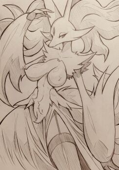 1girl animal_ears animal_nose body_fur breasts commentary delphox furry furry_female garter_straps gen_6_pokemon highres looking_at_viewer medium_breasts mitsuba-sama_(milkba-ng) monochrome nintendo pokemon pokemon_(creature) snout solo standing tail thighhighs traditional_media