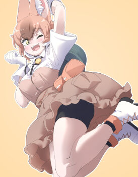 1girl :3 absurdres animal_ears bike_shorts bike_shorts_under_skirt black_socks blush boots brown_hair brown_shirt brown_skirt collared_shirt dhole_(kemono_friends) dog_ears dog_girl dog_tail fang gloves hair_between_eyes high-waist_skirt highres jacket jumping kemono_friends kemono_friends_3 looking_at_viewer lowlandgorilla midair multicolored_hair official_alternate_costume one_eye_closed open_mouth safari_jacket shirt short_hair short_sleeves sidelocks skirt smile socks solo t-shirt tail two-tone_shirt white_boots white_gloves white_hair white_shirt yellow_eyes